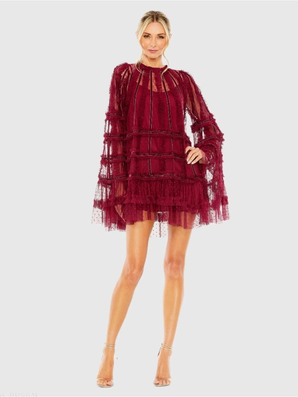 Mac Duggal 8053 NWT Women's High Neck Ruffle Bell Sleeve Trapeze Dress